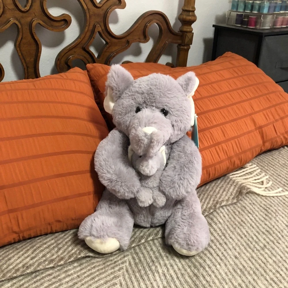 Grey plushie, stuffed animal, momma elephant holding baby. Hug me. New. 13.5” - Picture 10 of 11